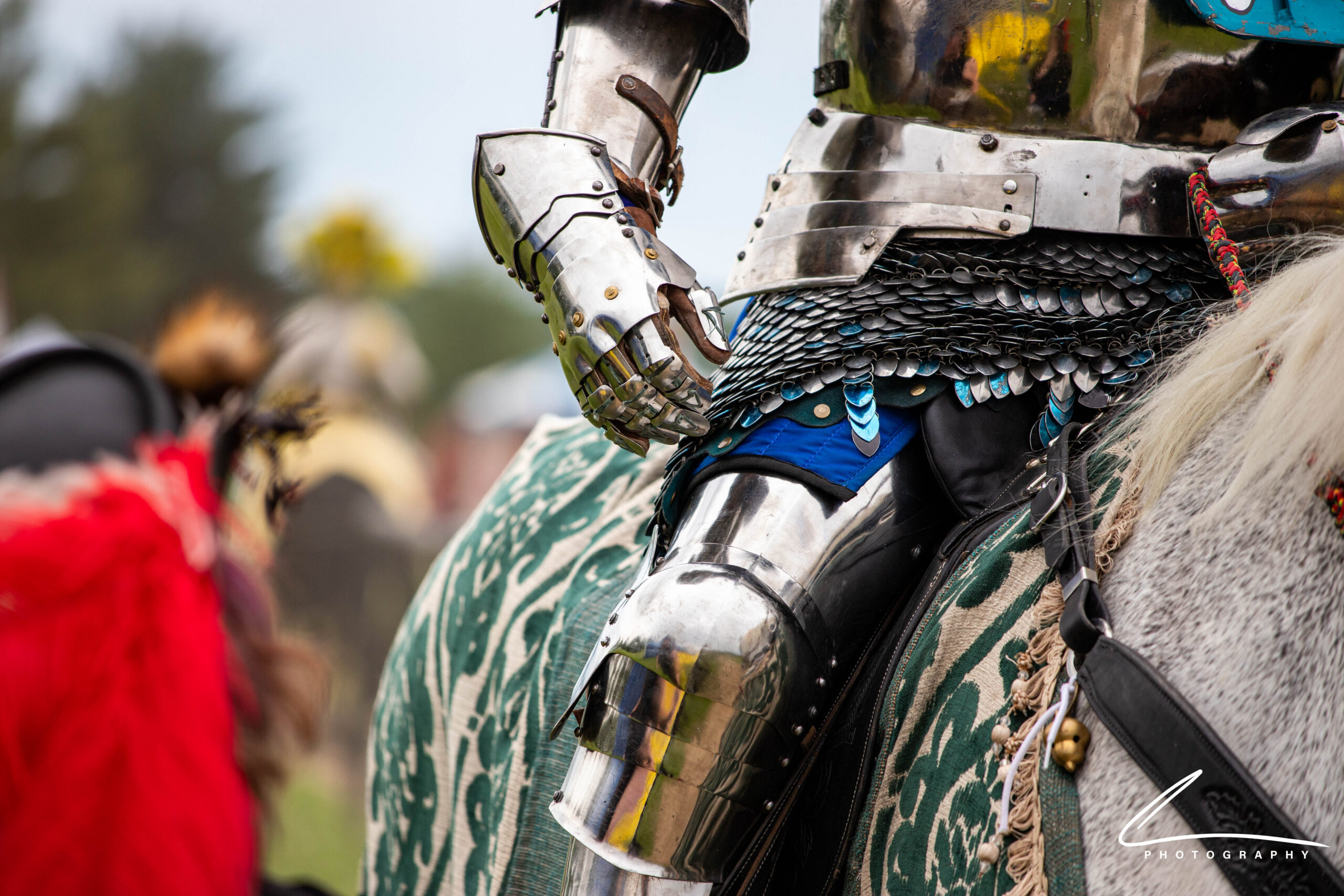 An armored knight on horseback at the Southern Indiana Renaissance Faire.
